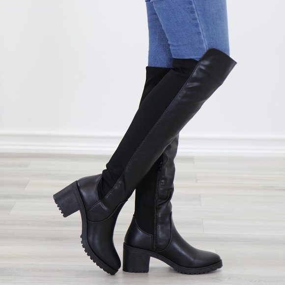 Shoes - Chunky Lug Heel Over The Knee Boot Black 2 Materials